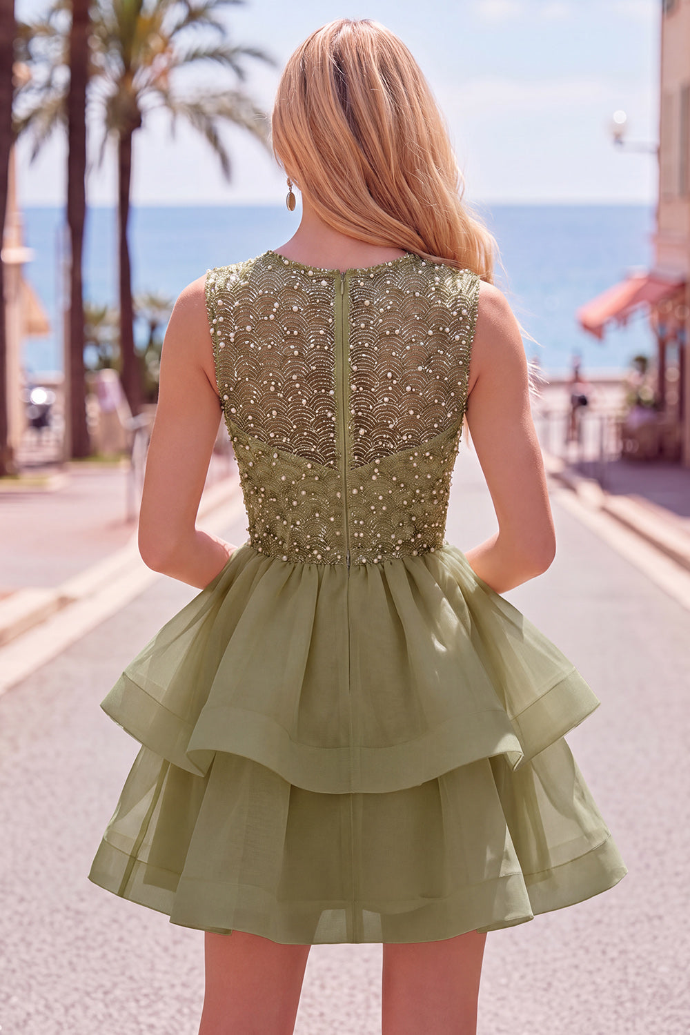 Blue Sparkly Beaded Tiered A-Line Illusion Neck Short Homecoming Dress