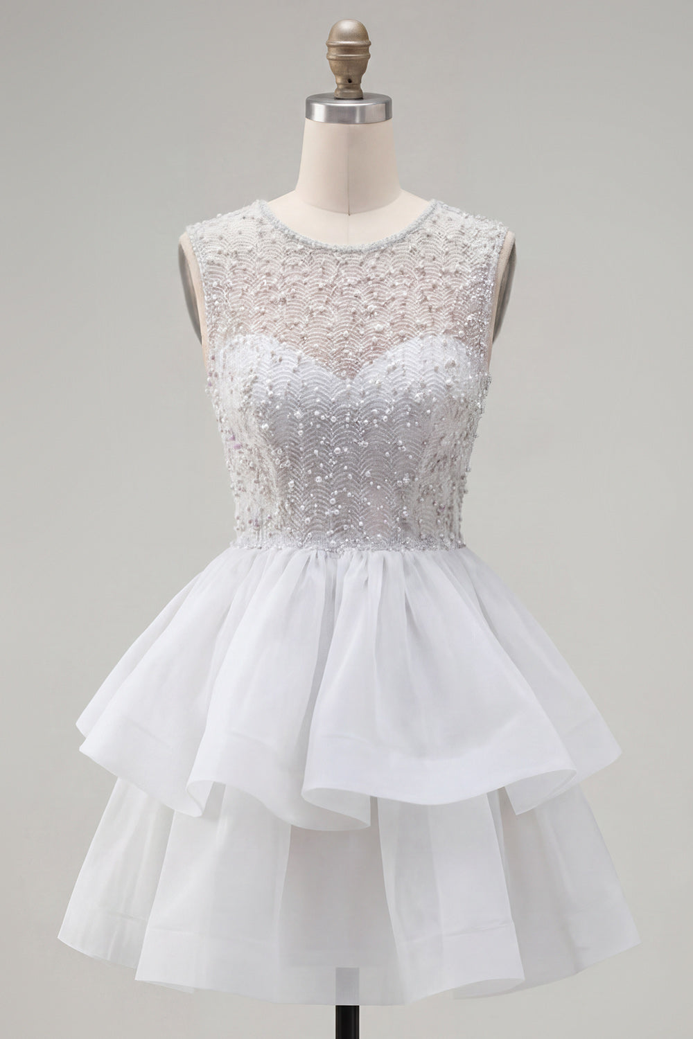 Blue Sparkly Beaded Tiered A-Line Illusion Neck Short Homecoming Dress
