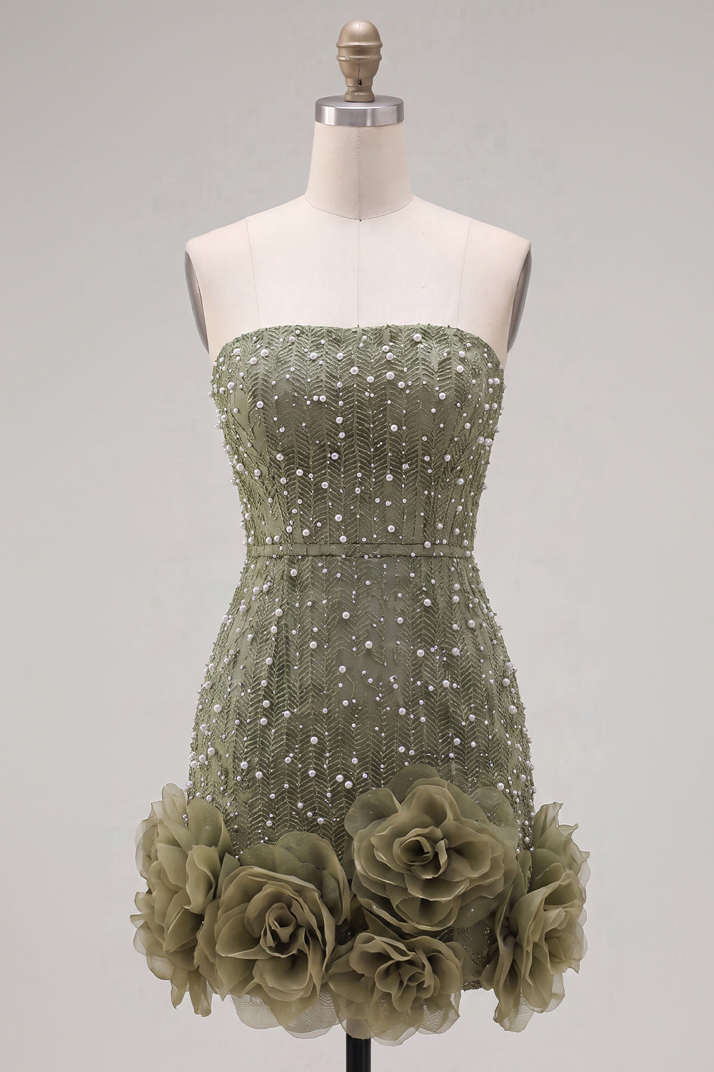 Pink Beaded Sparkly Strapless Tight Short Homecoming Dress with 3D Flowers