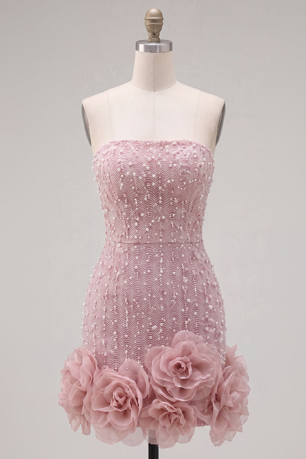 Pink Beaded Sparkly Strapless Tight Short Homecoming Dress with 3D Flowers