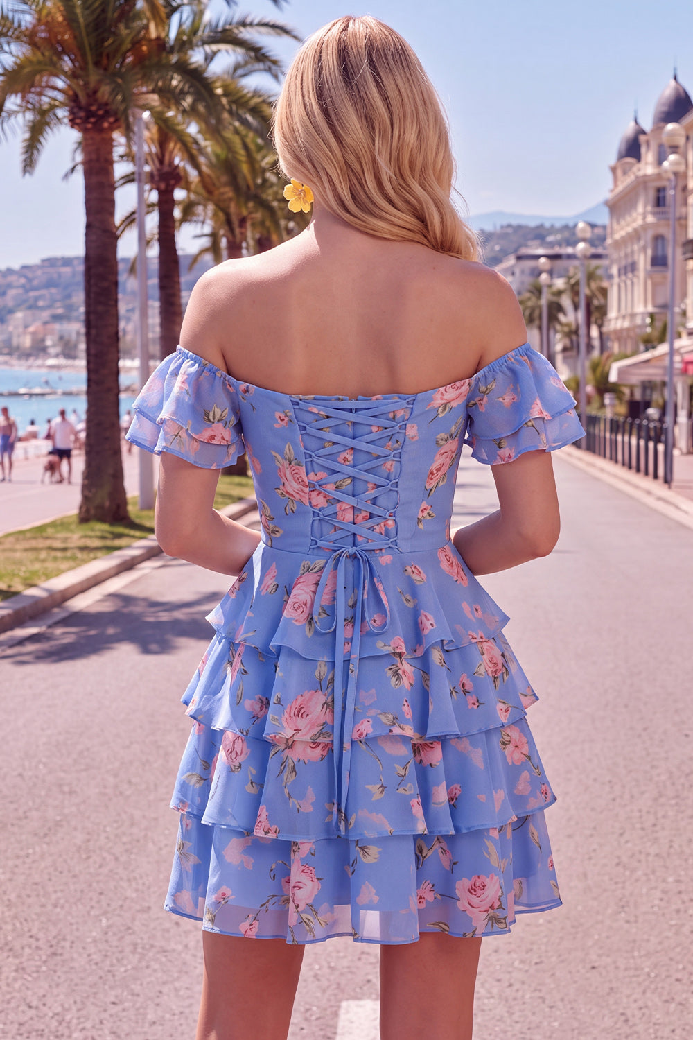 Yellow Floral Corset Tiered Ruffled A-Line Short Homecoming Dress