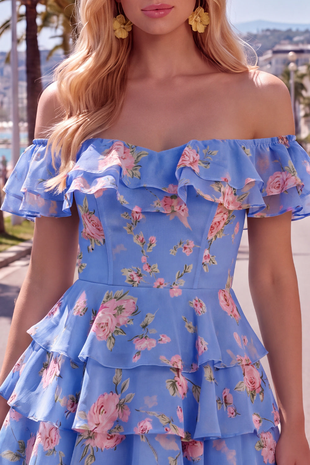 Yellow Floral Corset Tiered Ruffled A-Line Short Homecoming Dress
