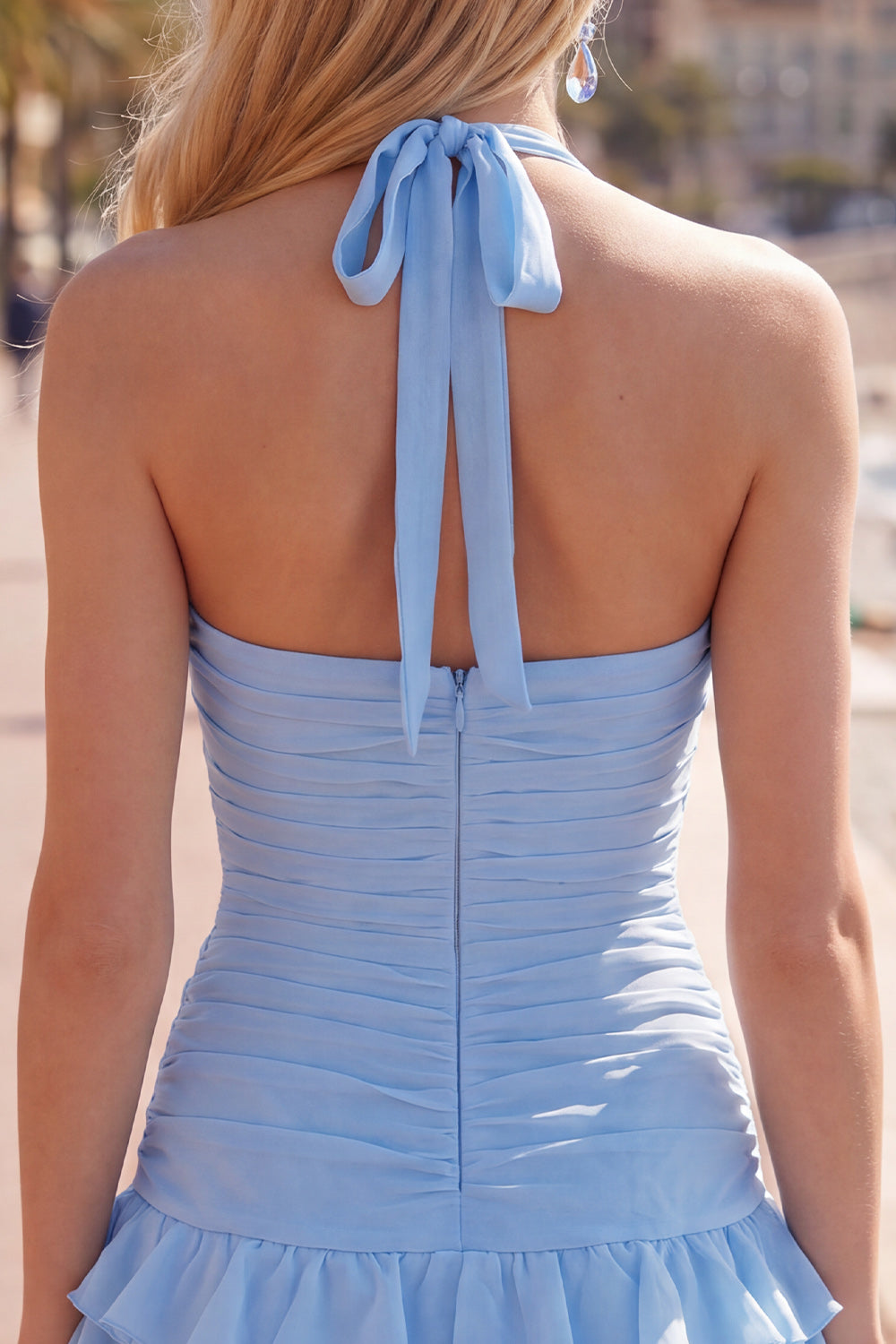 Pink Ruffled Halter Ruched Short Homecoming Dress with 3D Flower