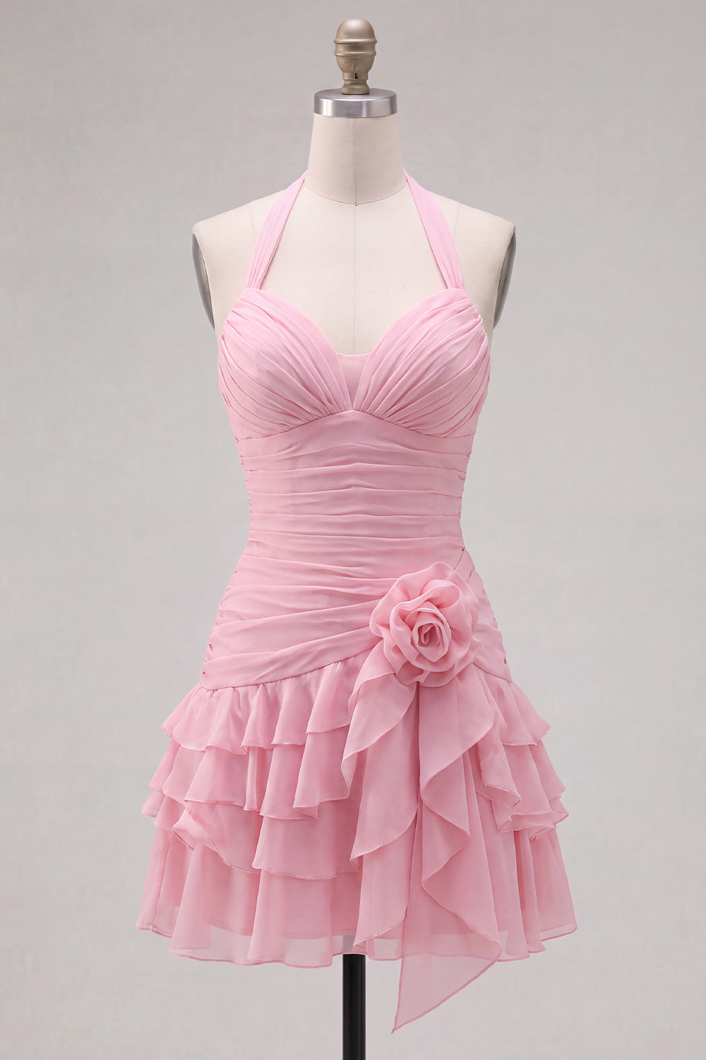 Pink Ruffled Halter Ruched Short Homecoming Dress with 3D Flower