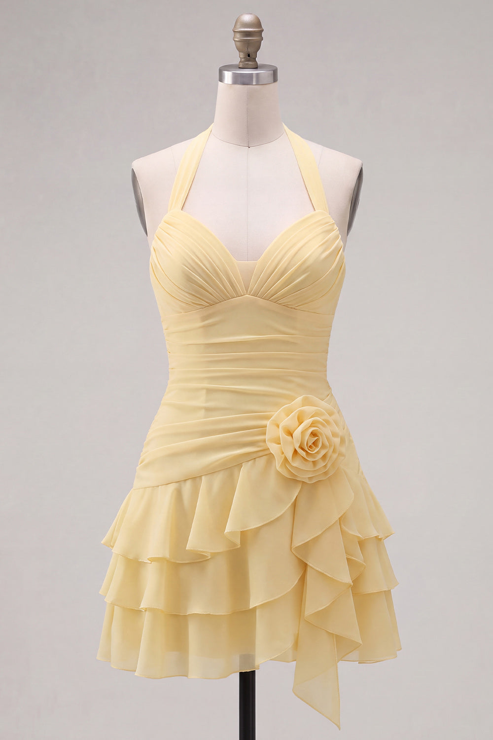 Pink Ruffled Halter Ruched Short Homecoming Dress with 3D Flower