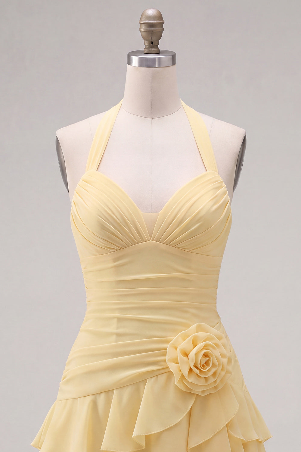 Pink Ruffled Halter Ruched Short Homecoming Dress with 3D Flower