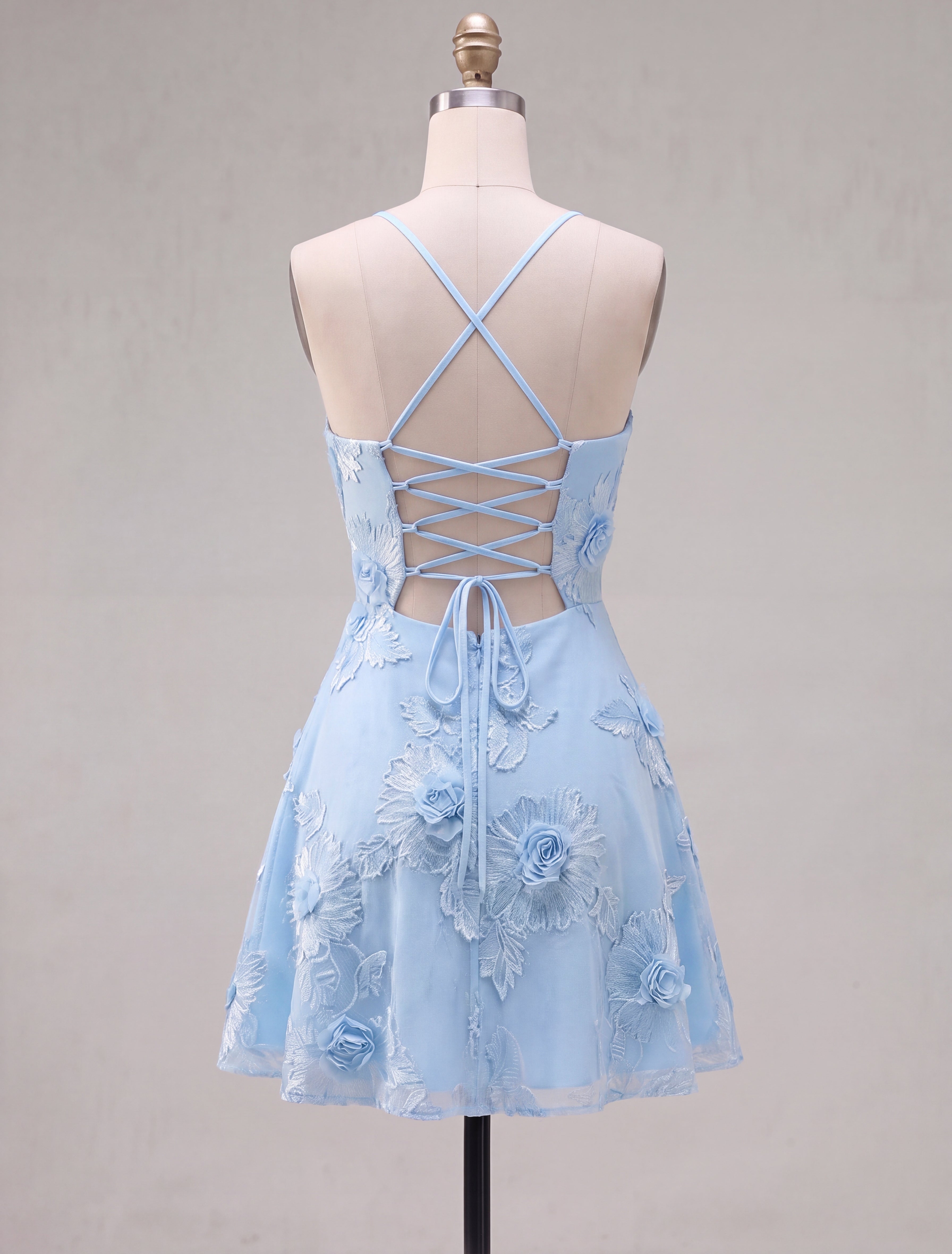 Floral Blue Spaghetti Straps A-Line Short Homecoming Dress