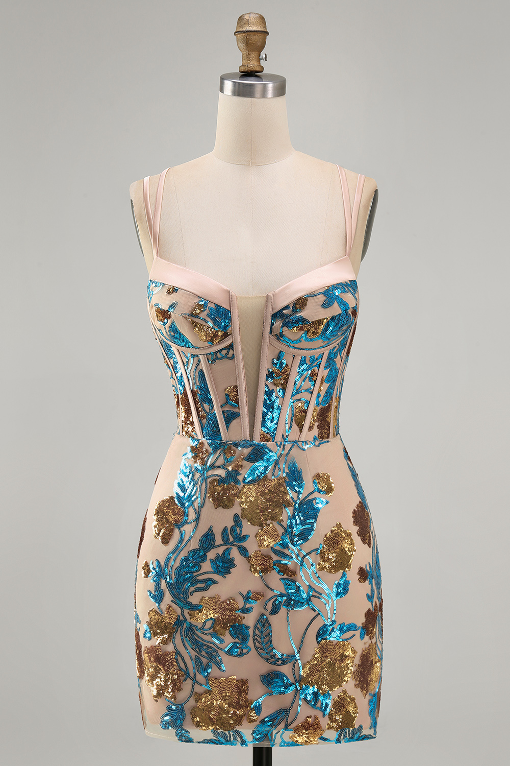 Blue Floral Sparkly Corset Sequin Tight Short Homecoming Dress
