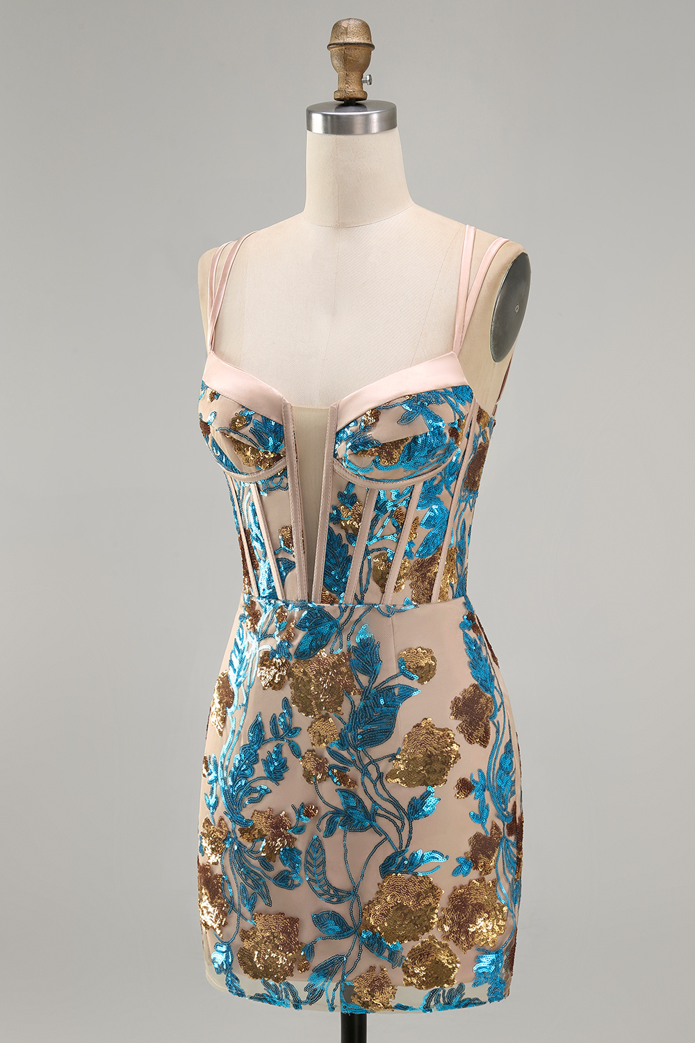 Blue Floral Sparkly Corset Sequin Tight Short Homecoming Dress
