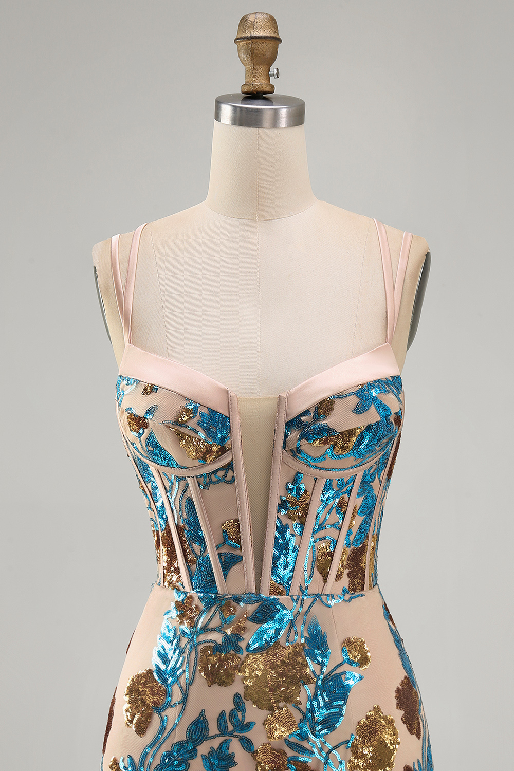 Blue Floral Sparkly Corset Sequin Tight Short Homecoming Dress