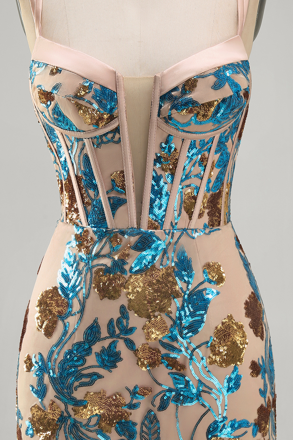 Blue Floral Sparkly Corset Sequin Tight Short Homecoming Dress