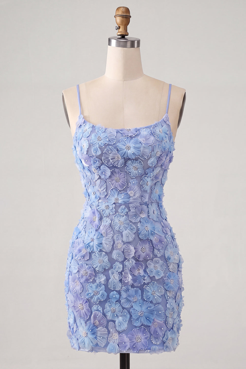 Blue Purple Floral Beaded Spaghetti Straps Tight Short Homecoming Dress