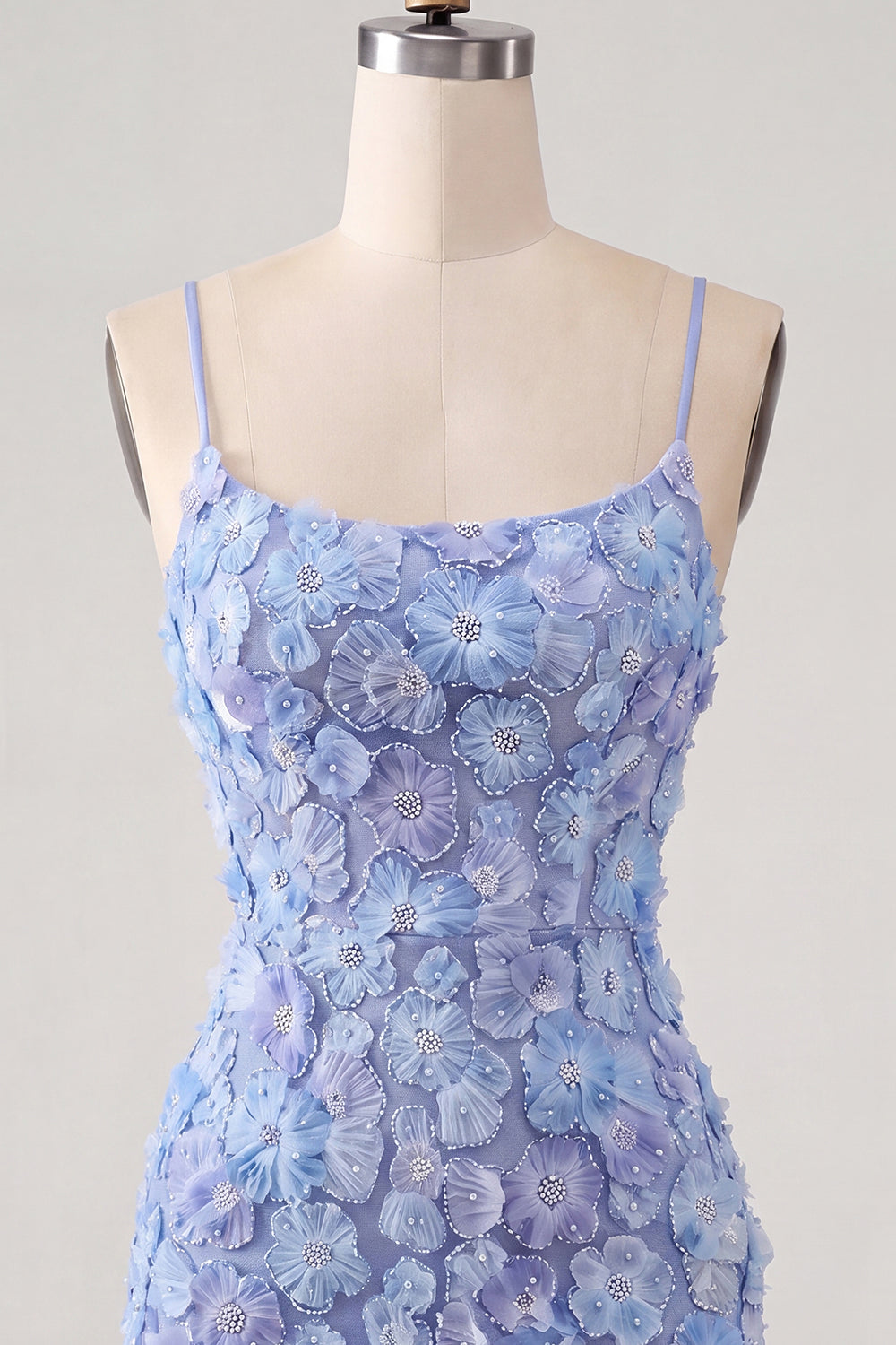 Blue Purple Floral Beaded Spaghetti Straps Tight Short Homecoming Dress