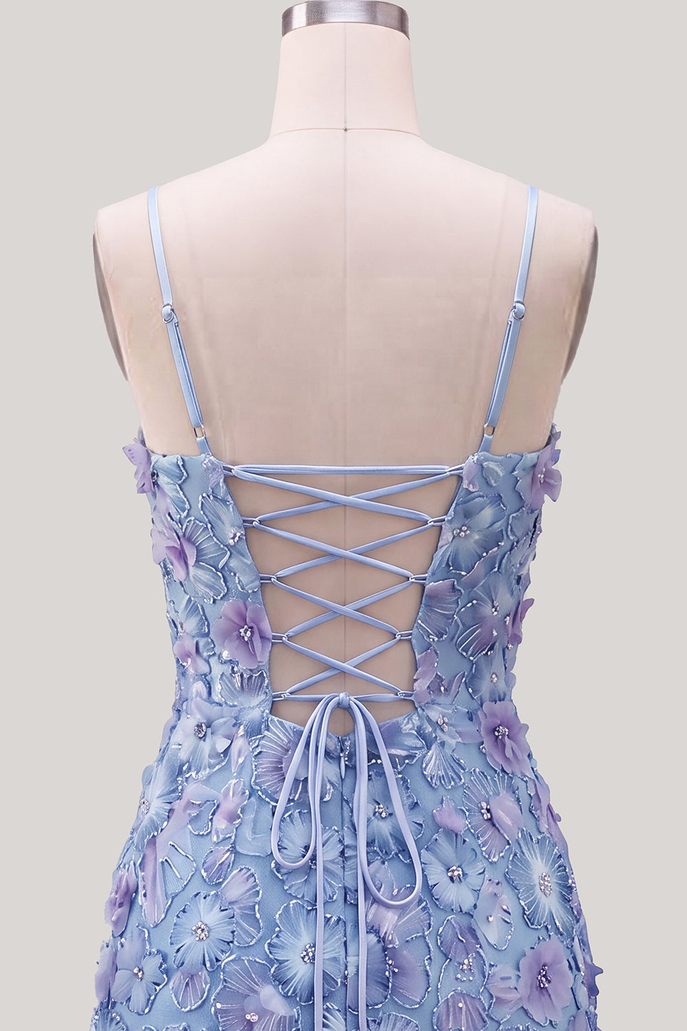 Blue Purple Floral Beaded Spaghetti Straps Tight Short Homecoming Dress