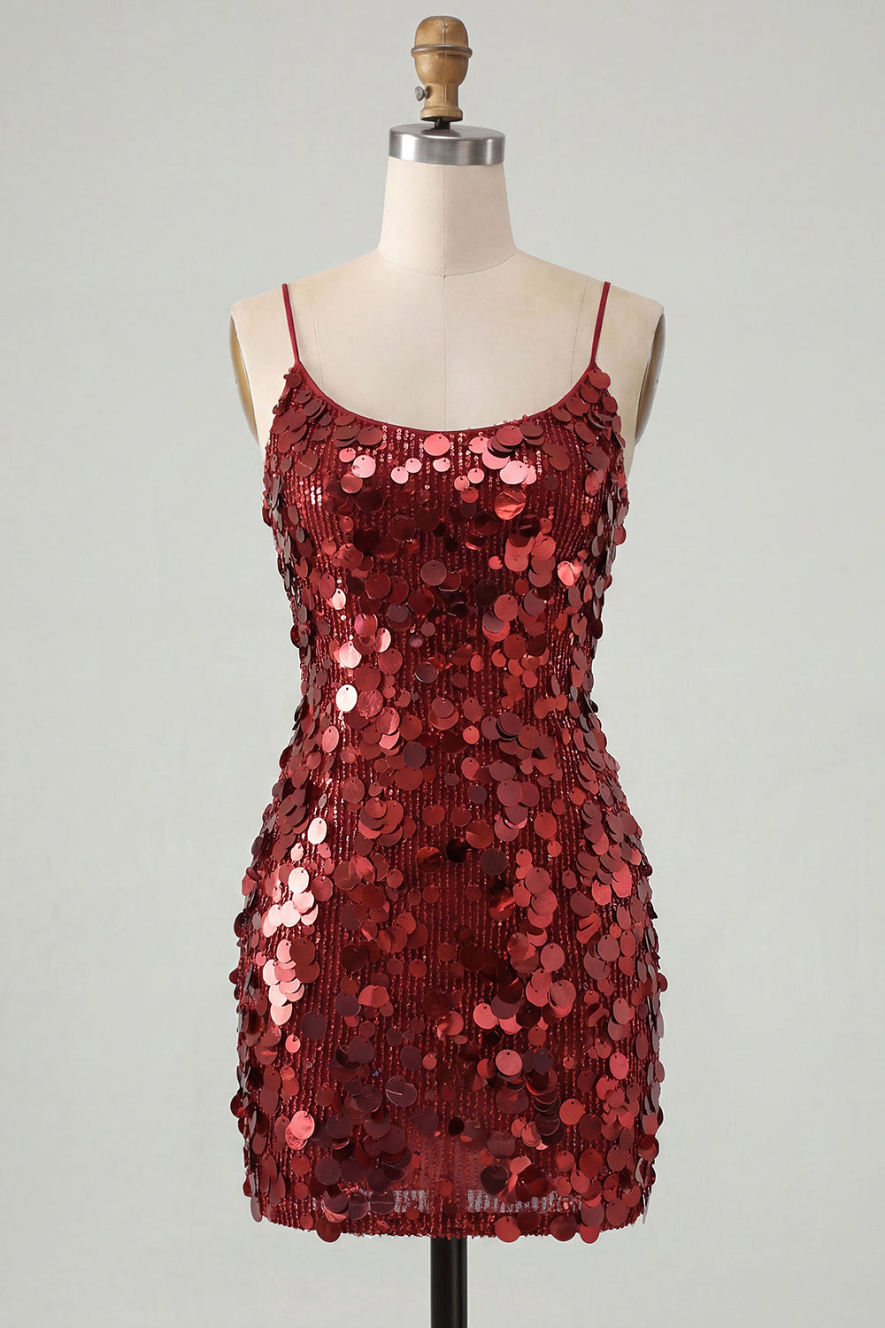 Burgundy Sequin Sparkly Tight Spaghetti Straps Short Homecoming Dress