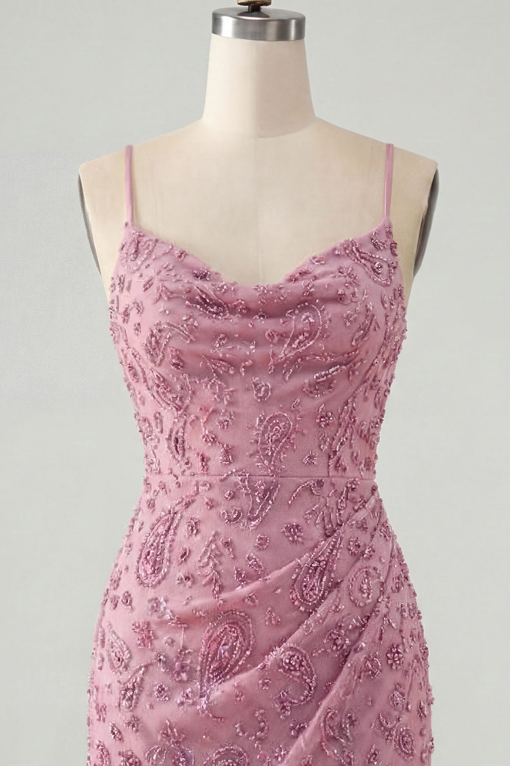 Dusty Rose Sparkly Beaded Ruched Tight Cowl Neck Short Homecoming Dress
