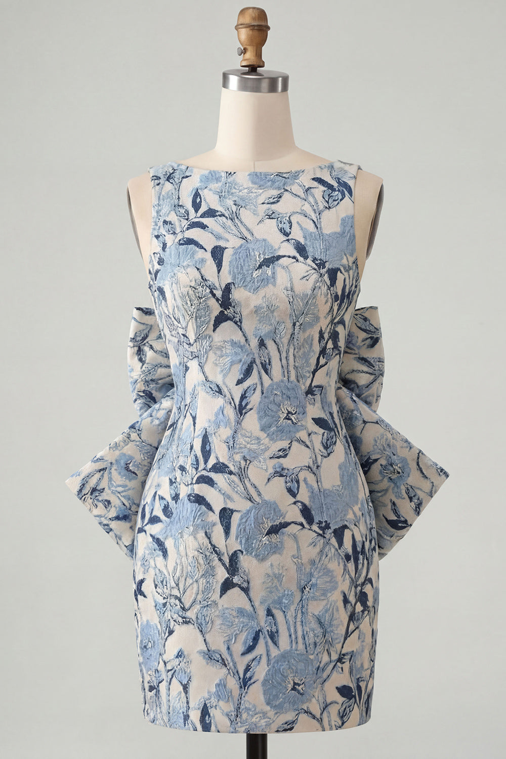 Blue Floral Boat Neck Tight Short Homecoming Dress with Bow