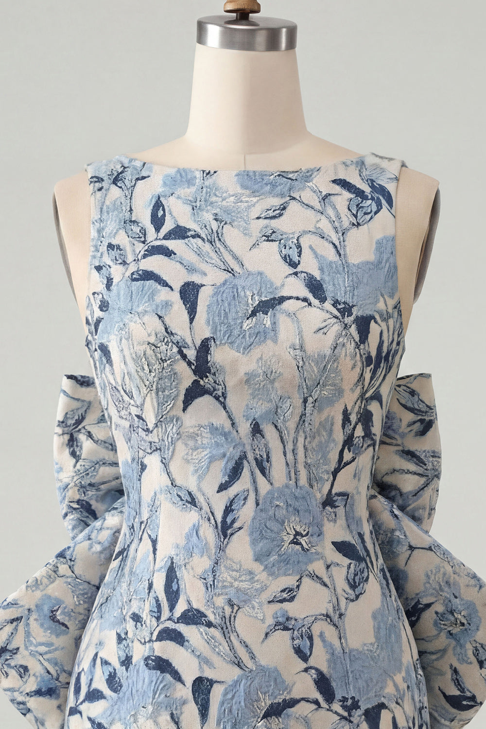 Blue Floral Boat Neck Tight Short Homecoming Dress with Bow