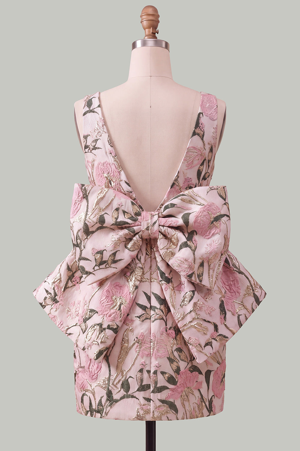 Blue Floral Boat Neck Tight Short Homecoming Dress with Bow
