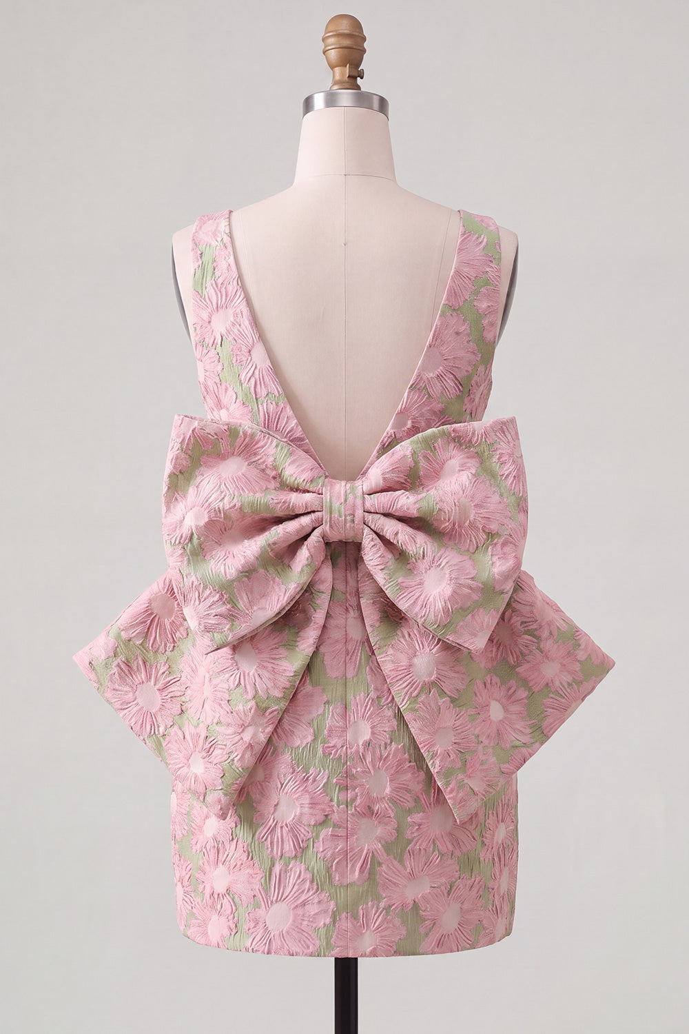 Blue Floral Boat Neck Tight Short Homecoming Dress with Bow