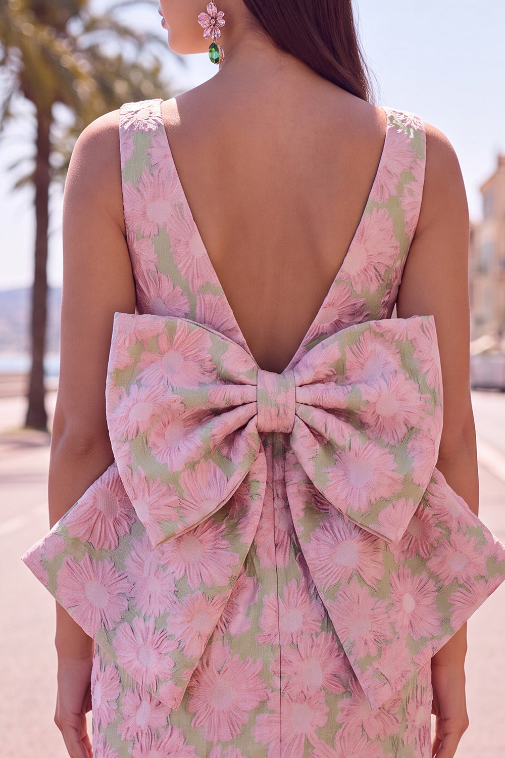 Blue Floral Boat Neck Tight Short Homecoming Dress with Bow