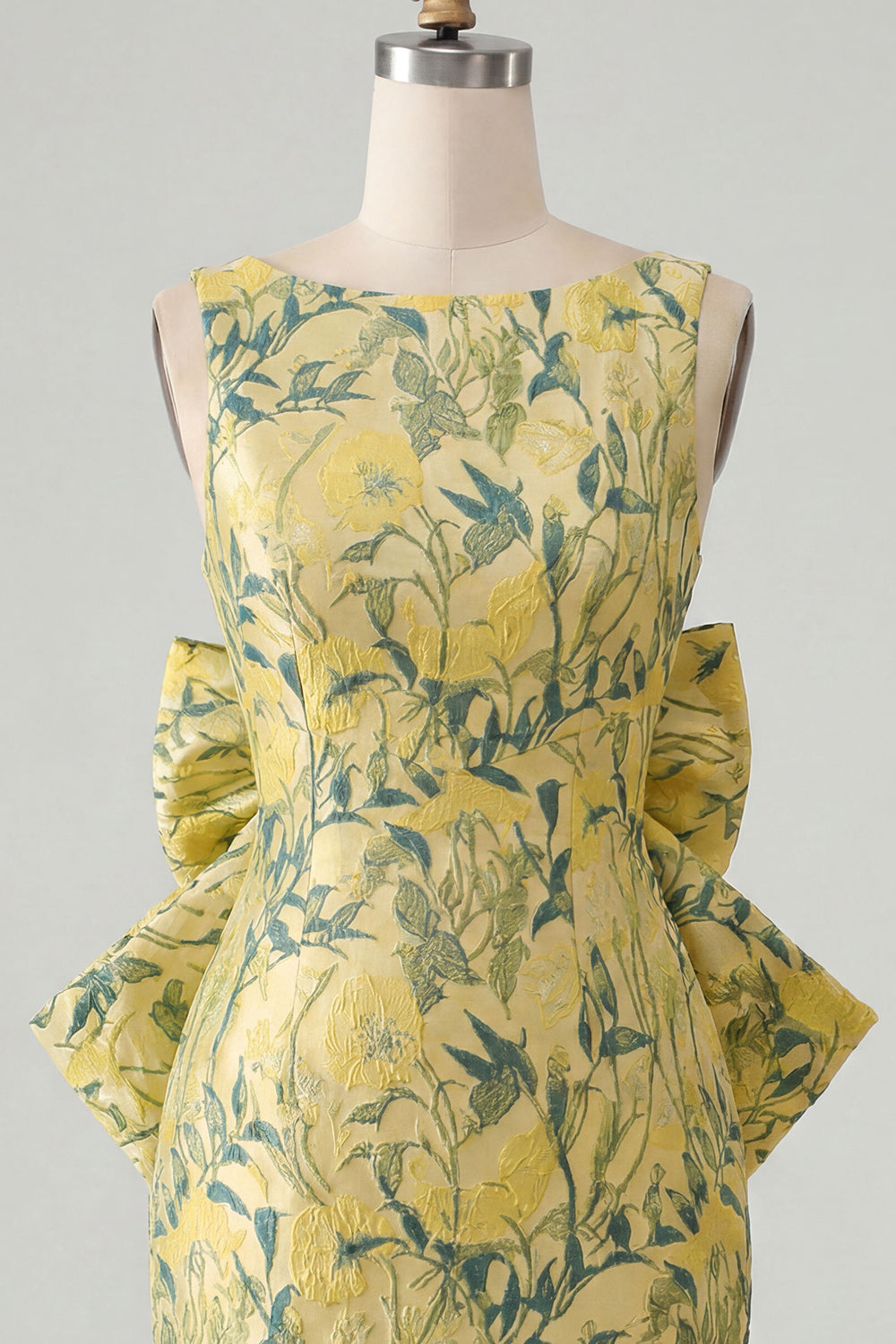 Blue Floral Boat Neck Tight Short Homecoming Dress with Bow