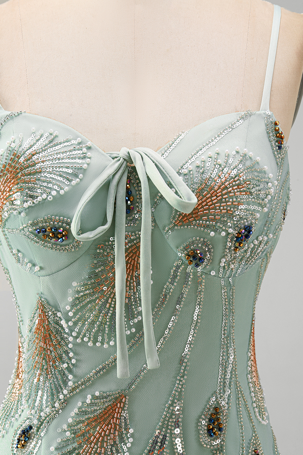 Sparkly Beaded Sage Green Tight Short Homecoming Dress with Bow