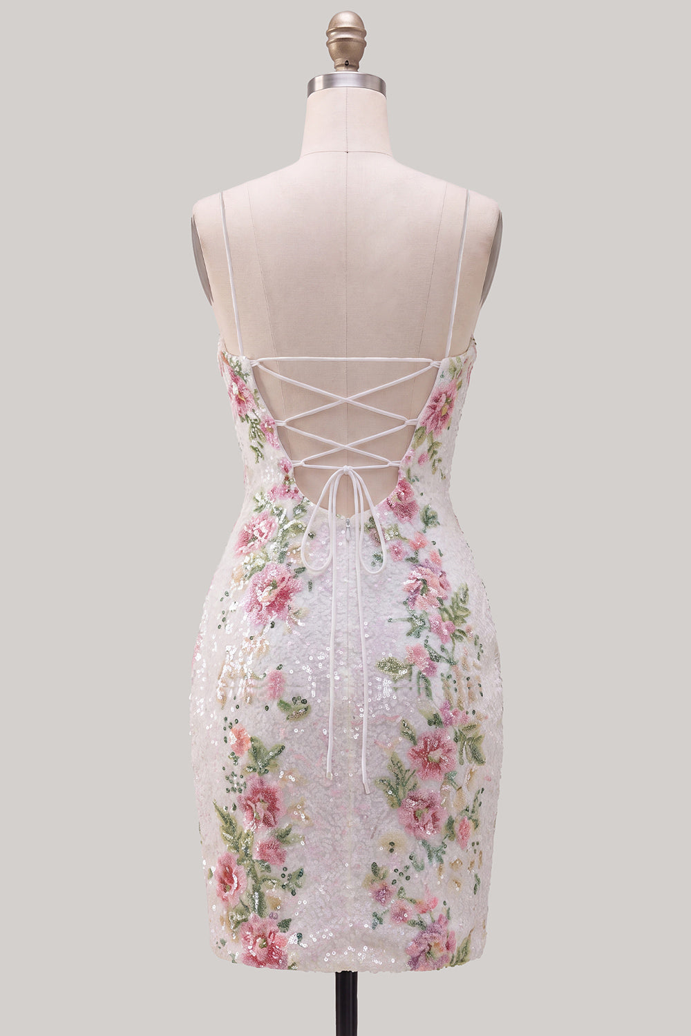 White Floral Sparkly Spaghetti Straps Tight Short Homecoming Dress with Slit