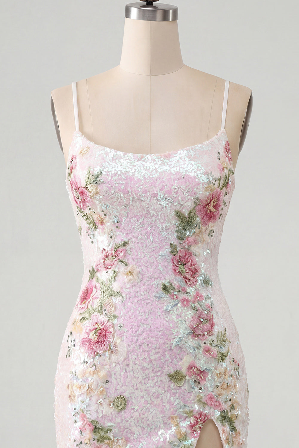 White Floral Sparkly Spaghetti Straps Tight Short Homecoming Dress with Slit