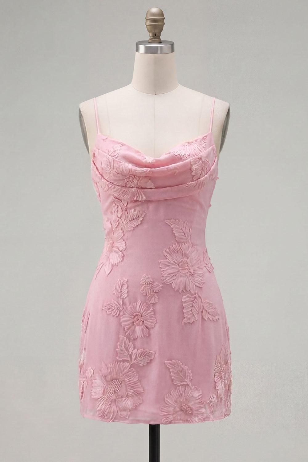 Pink Floral Cowl Neck Tight Short Homecoming Dress