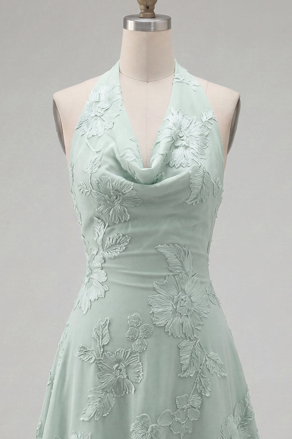 Floral Sage Green A-Line Halter Short Homecoming Dress with Bow