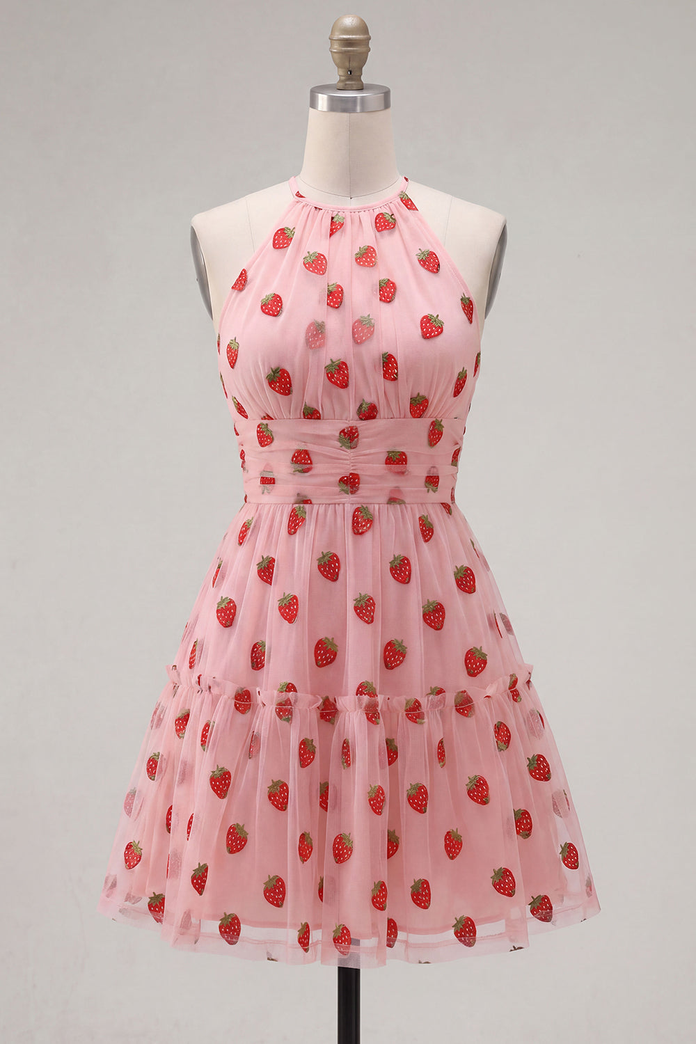 White Tulle Printed Halter A-Line Short Homecoming Dress