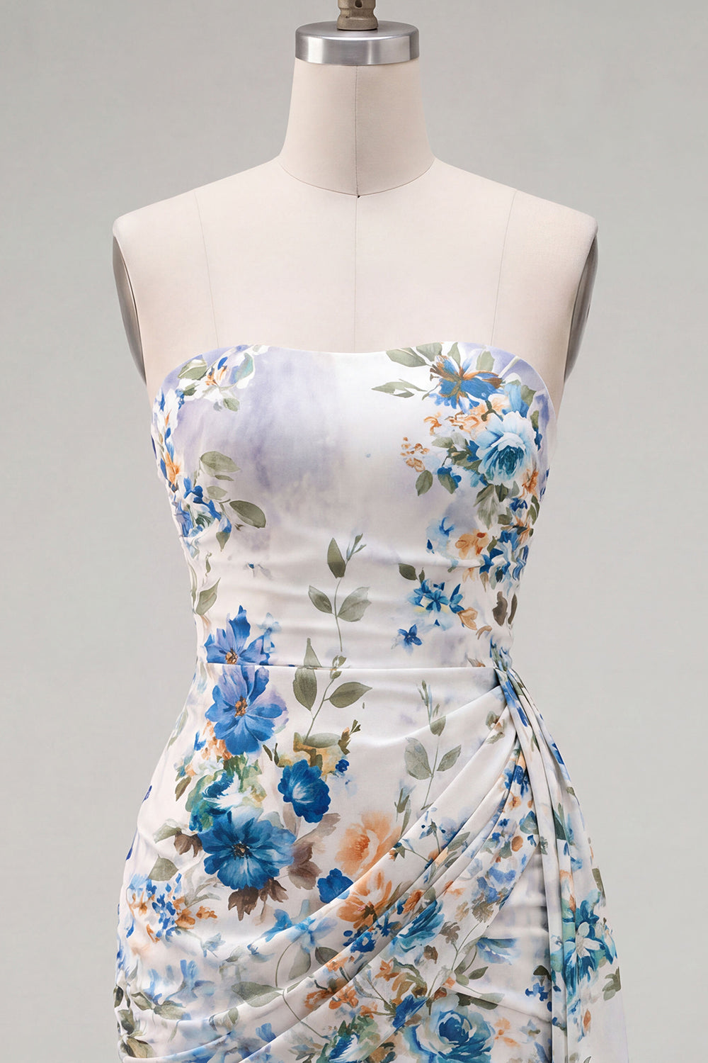 Ivory Blue Flower Ruched Strapless Short Homecoming Dress with Sash