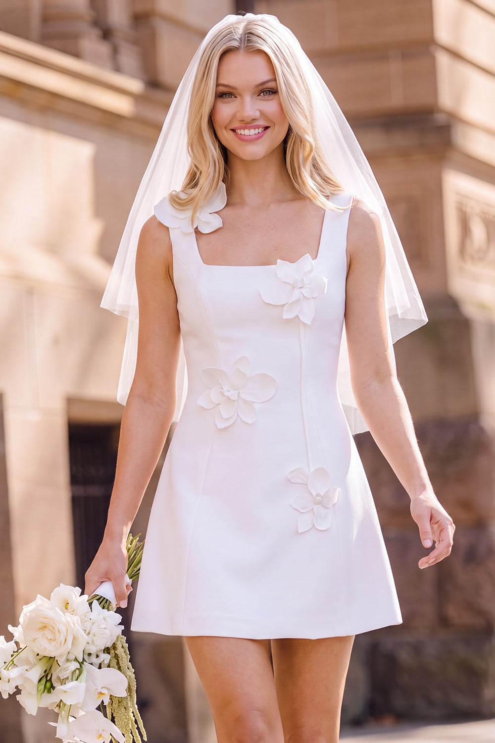 White Square Neck A-Line Short Bridal Shower Dress with 3D Flowers