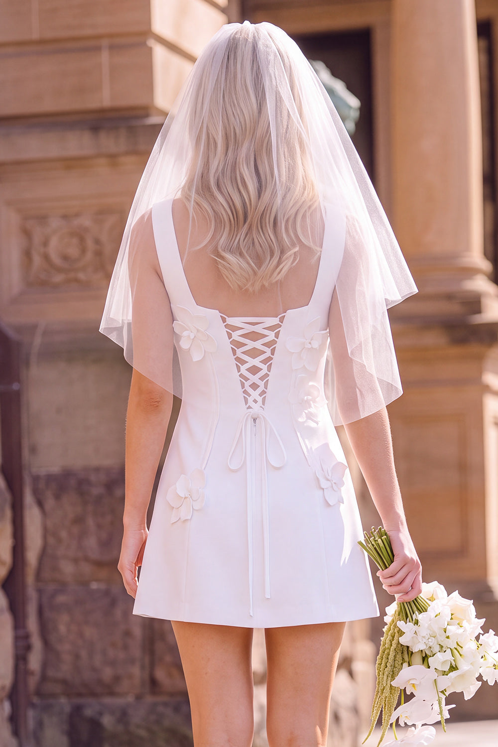White Square Neck A-Line Short Bridal Shower Dress with 3D Flowers