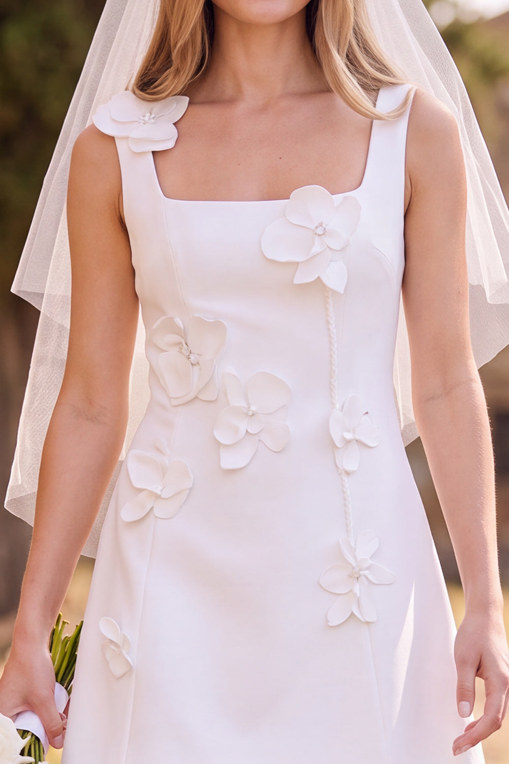 White Square Neck A-Line Short Bridal Shower Dress with 3D Flowers