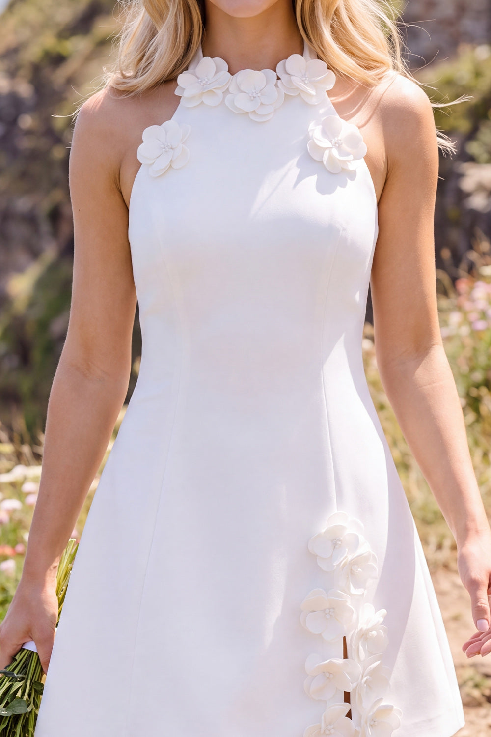White Halter A-Line Short Bridal Shower Dress with 3D Flowers