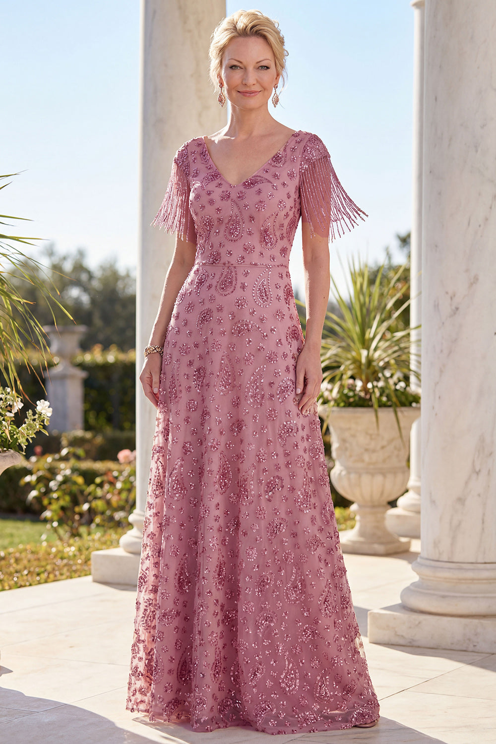 Sparkly Floral Champagne A Line Long Mother of the Bride Dress with Fringes