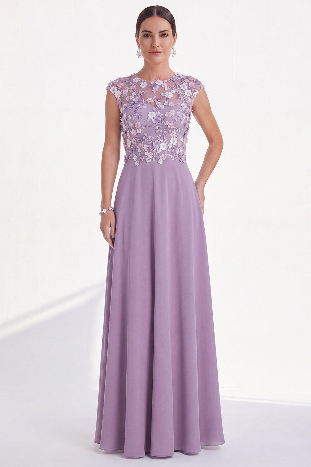 Pink A Line Round Neck Long Mother of the Bride Dress with 3D Flowers