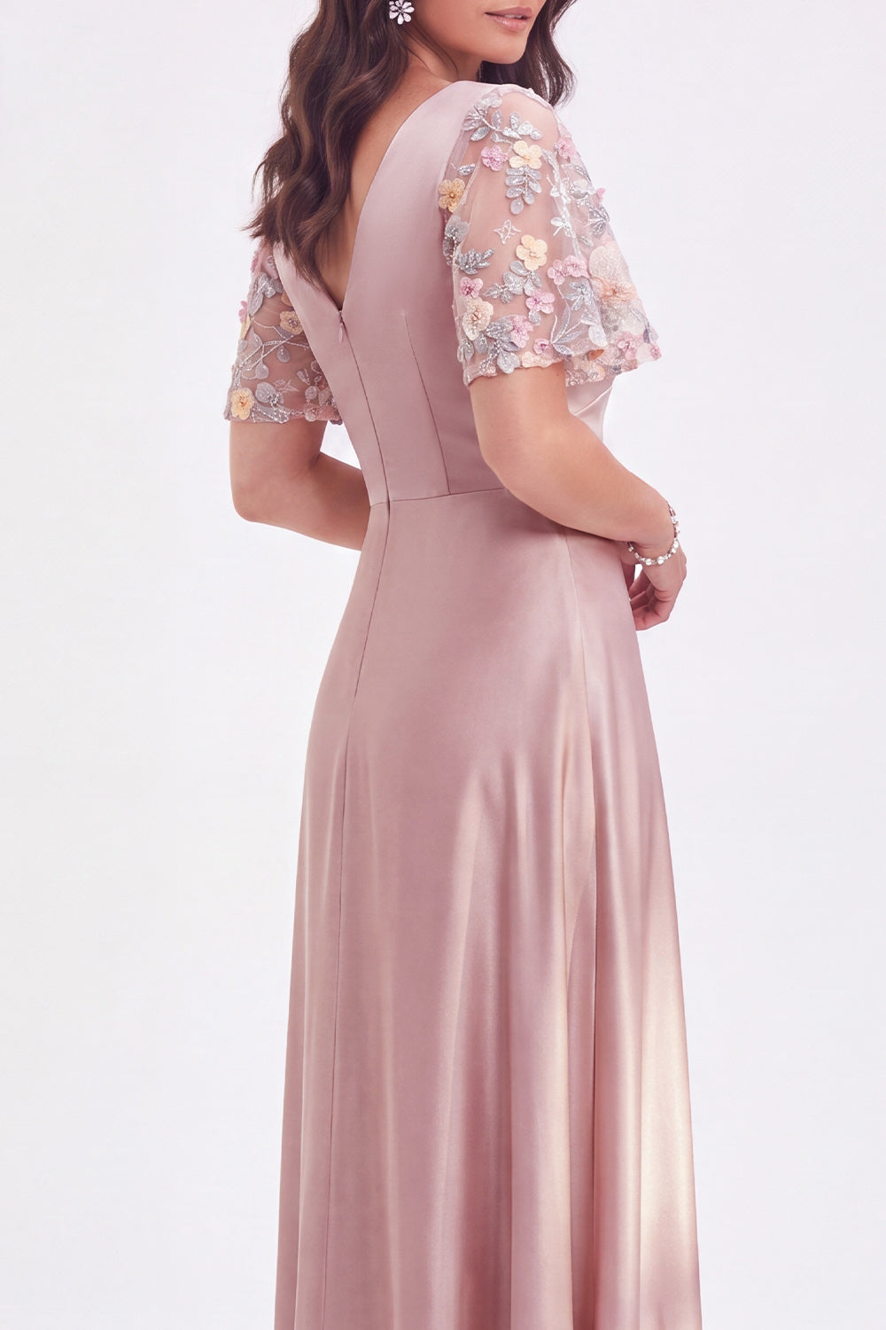 Grey Pink A Line Satin V-Neck Long Mother of the Bride Dress with Sleeves