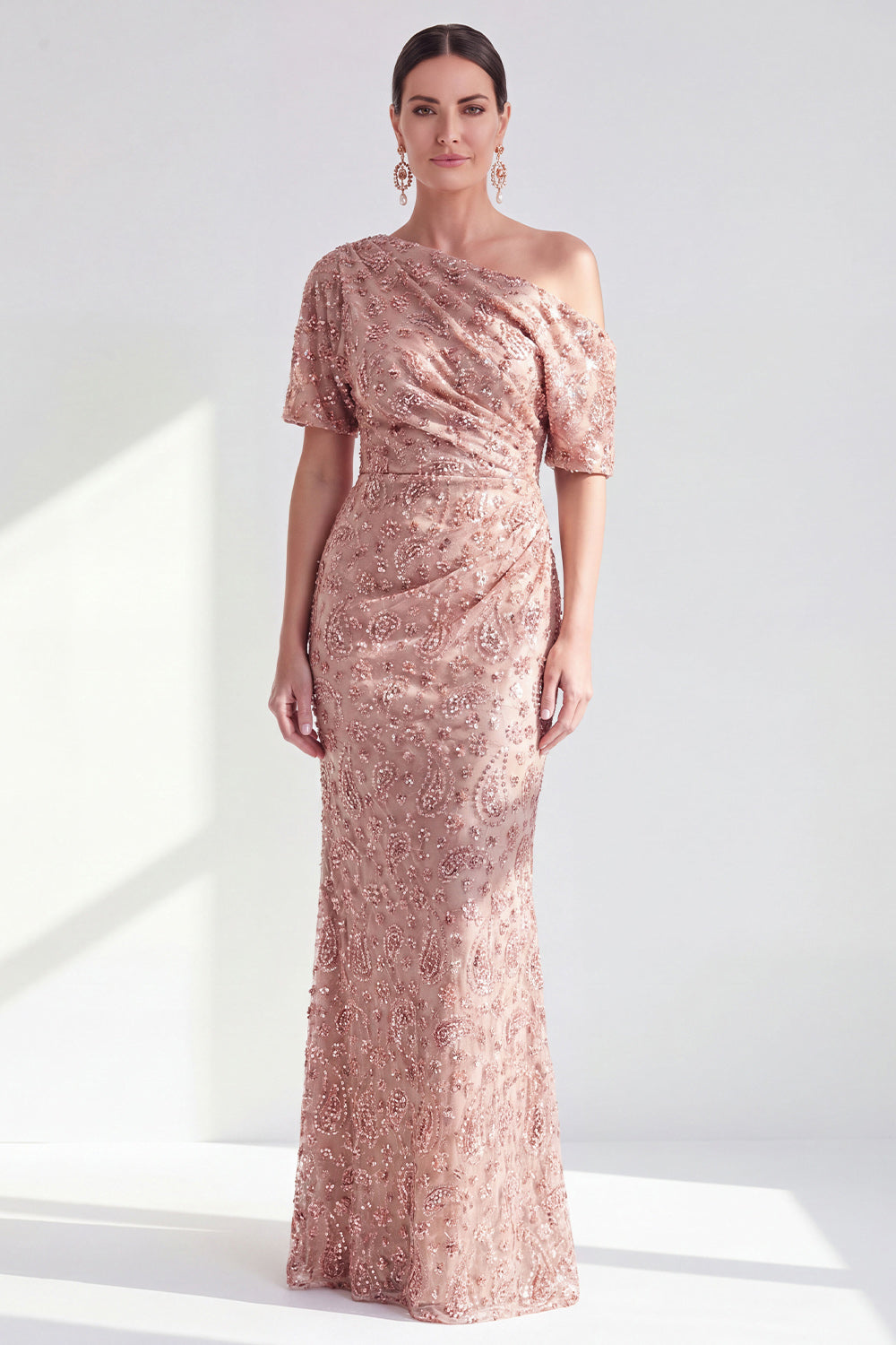 Sparkly Beaded Champagne One Shoulder Mermaid Long Mother of the Bride Dress