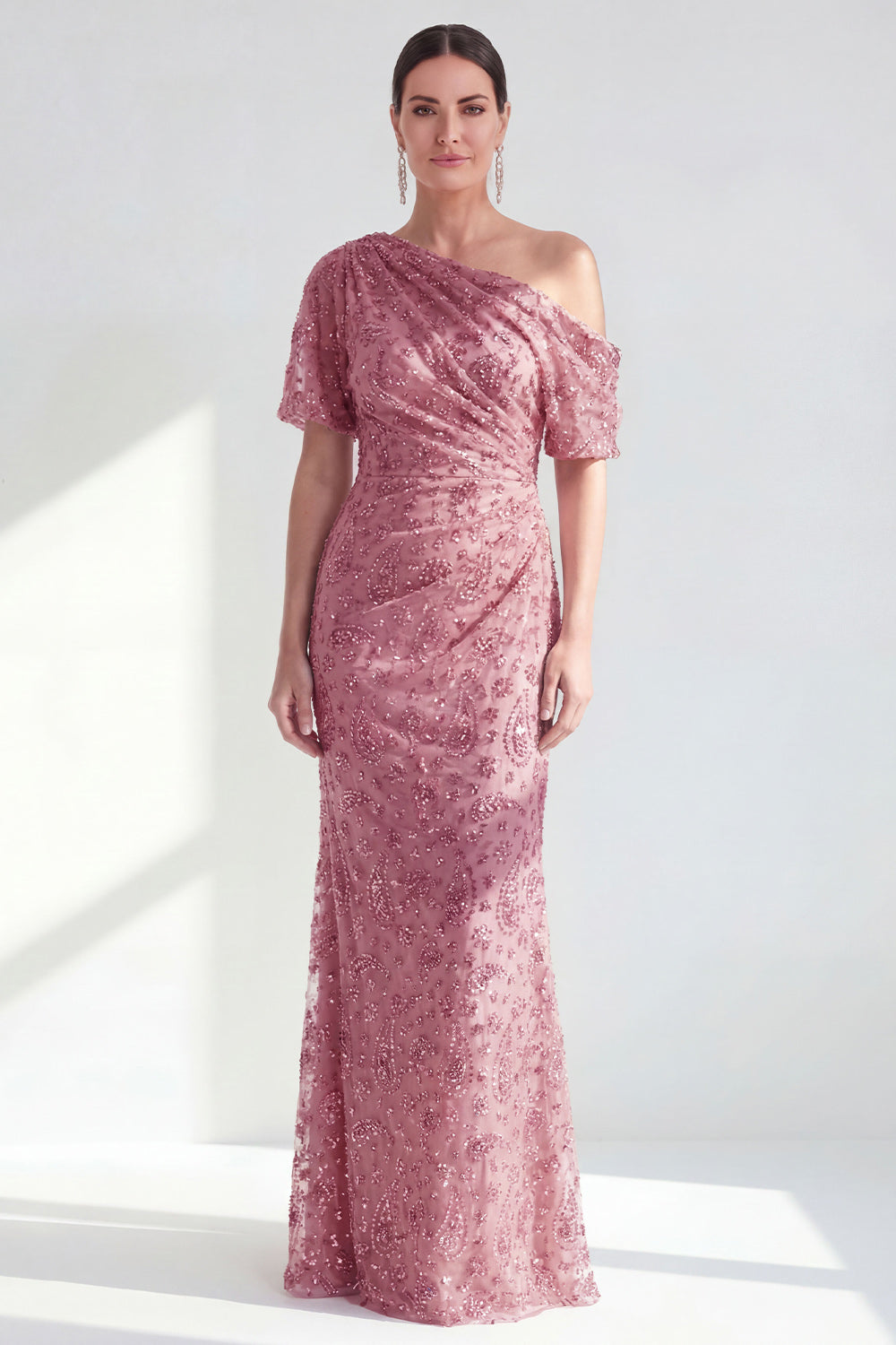 Sparkly Beaded Champagne One Shoulder Mermaid Long Mother of the Bride Dress