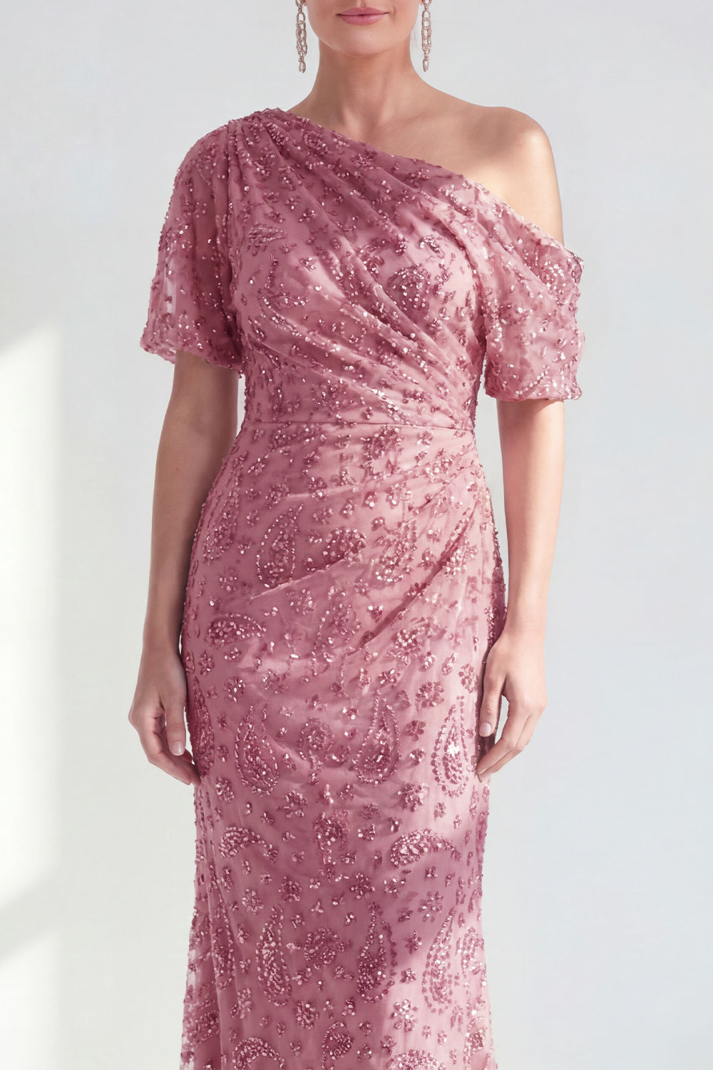 Sparkly Beaded Champagne One Shoulder Mermaid Long Mother of the Bride Dress