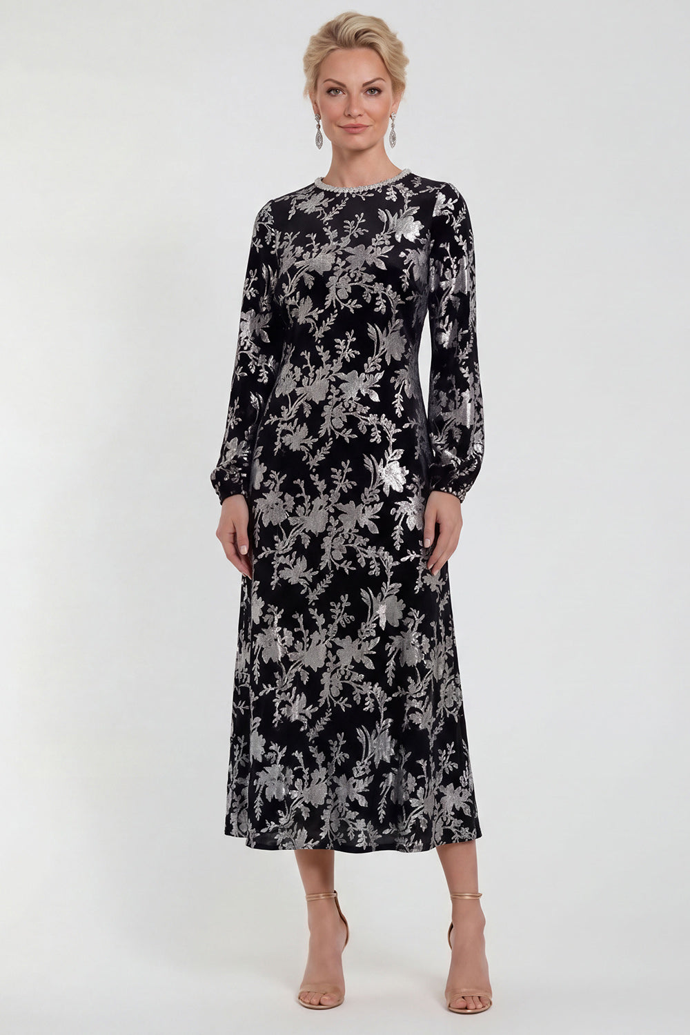 Burgundy Floral Round Neck Midi Mother of the Bride Dress with Sleeves