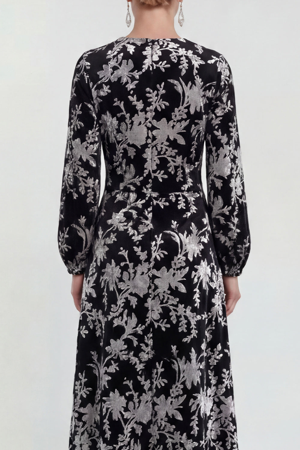 Burgundy Floral Round Neck Midi Mother of the Bride Dress with Sleeves