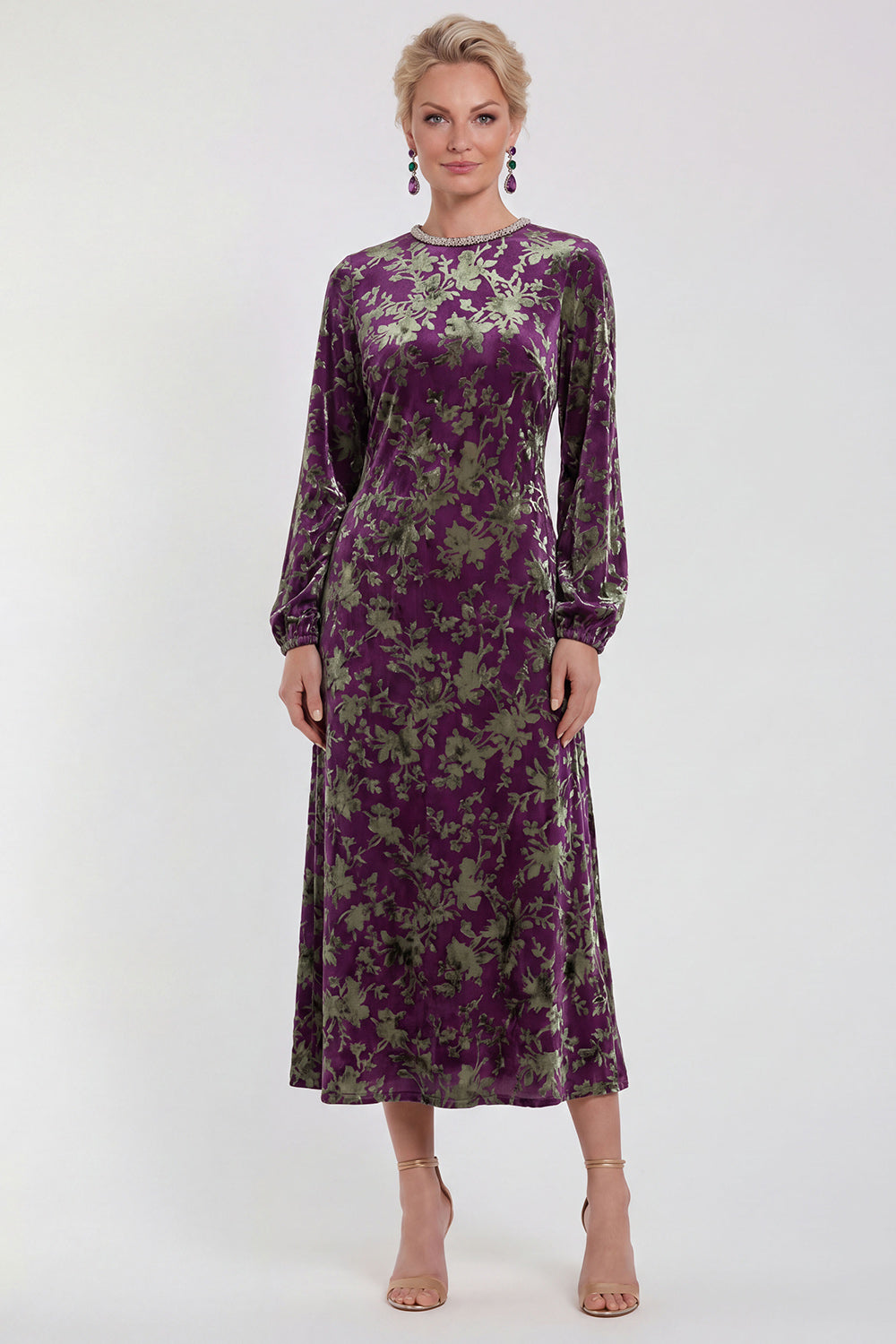 Burgundy Floral Round Neck Midi Mother of the Bride Dress with Sleeves