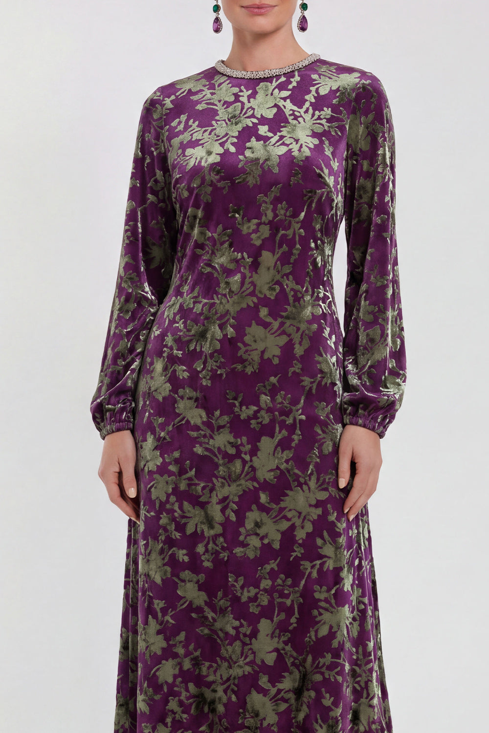 Burgundy Floral Round Neck Midi Mother of the Bride Dress with Sleeves