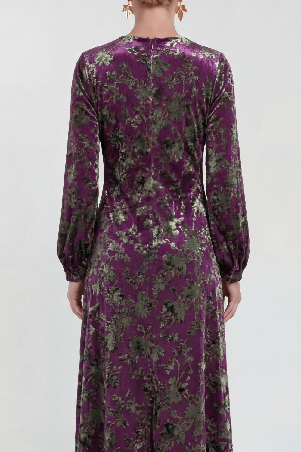 Burgundy Floral Round Neck Midi Mother of the Bride Dress with Sleeves