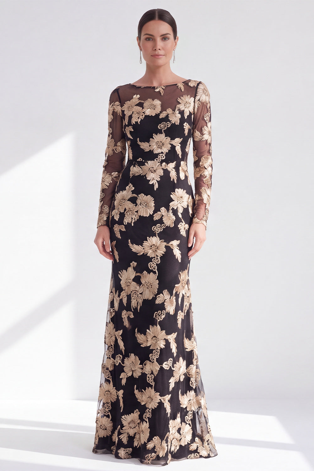 Navy Floral Illusion Boat Neck Long Sleeves Mother of the Bride Dress