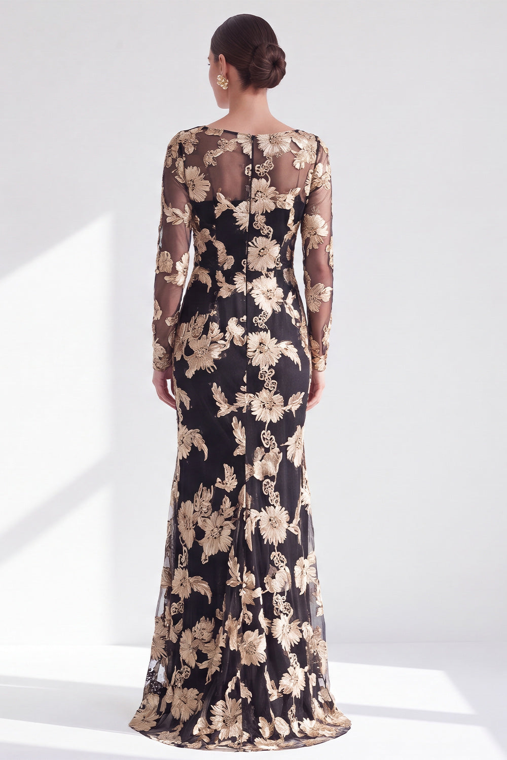 Navy Floral Illusion Boat Neck Long Sleeves Mother of the Bride Dress